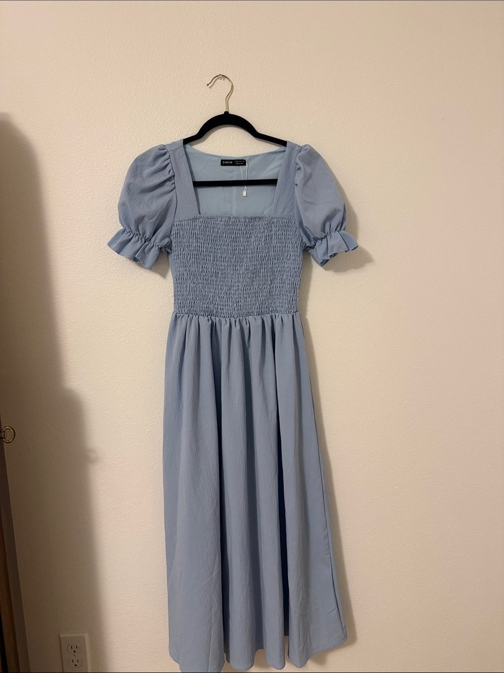 Light Blue Smocked Midi Dress with Puff Sleeves